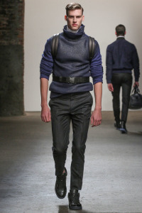 Model walks runway in an outfit from Asaf Ganot Autumn Winter 2015 collection.