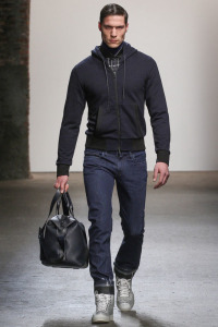 Model walks runway in an outfit from Asaf Ganot Autumn Winter 2015 collection.