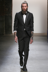 Model walks runway in an outfit from Asaf Ganot Autumn Winter 2015 collection.